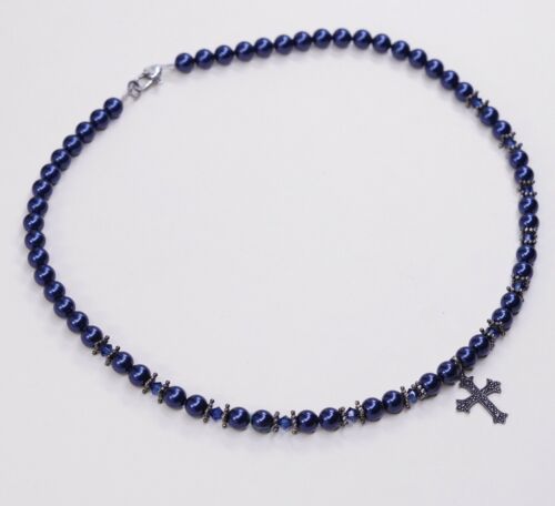 18” Vtg Sterling 925 Silver Handmade Black Pearl Necklace W/ Cross Pendant