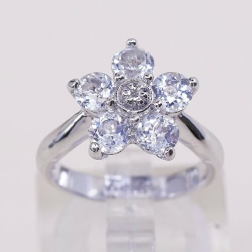 Sz 4, Vtg Sterling 925 Silver Flower Fashion Ring W/ White Sapphire N Diamond