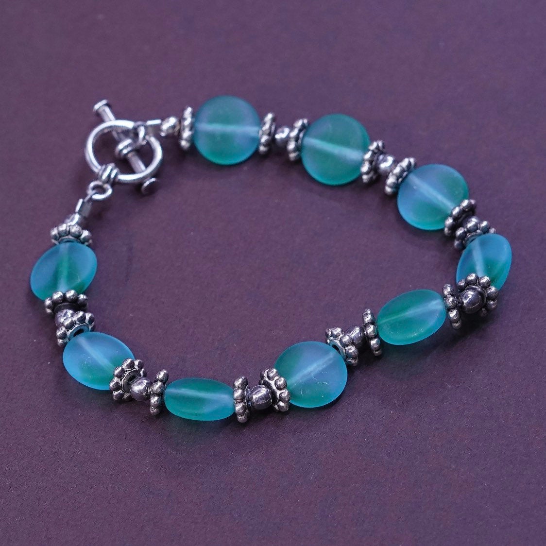 6", handmade bracelet, 925 clasp with green glass bracelet, silver tested