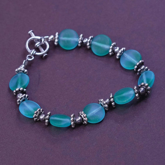 6", handmade bracelet, 925 clasp with green glass bracelet, silver tested