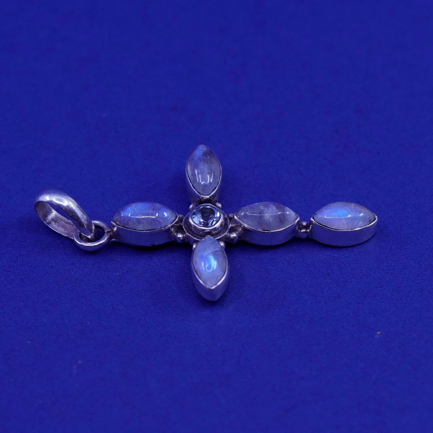 Vintage Sterling 925 silver handmade cross pendant with topaz and moonstone
