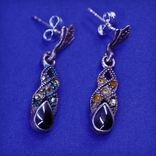 Vintage sterling 925 silver handmade earrings with teardrop obsidian marcasite