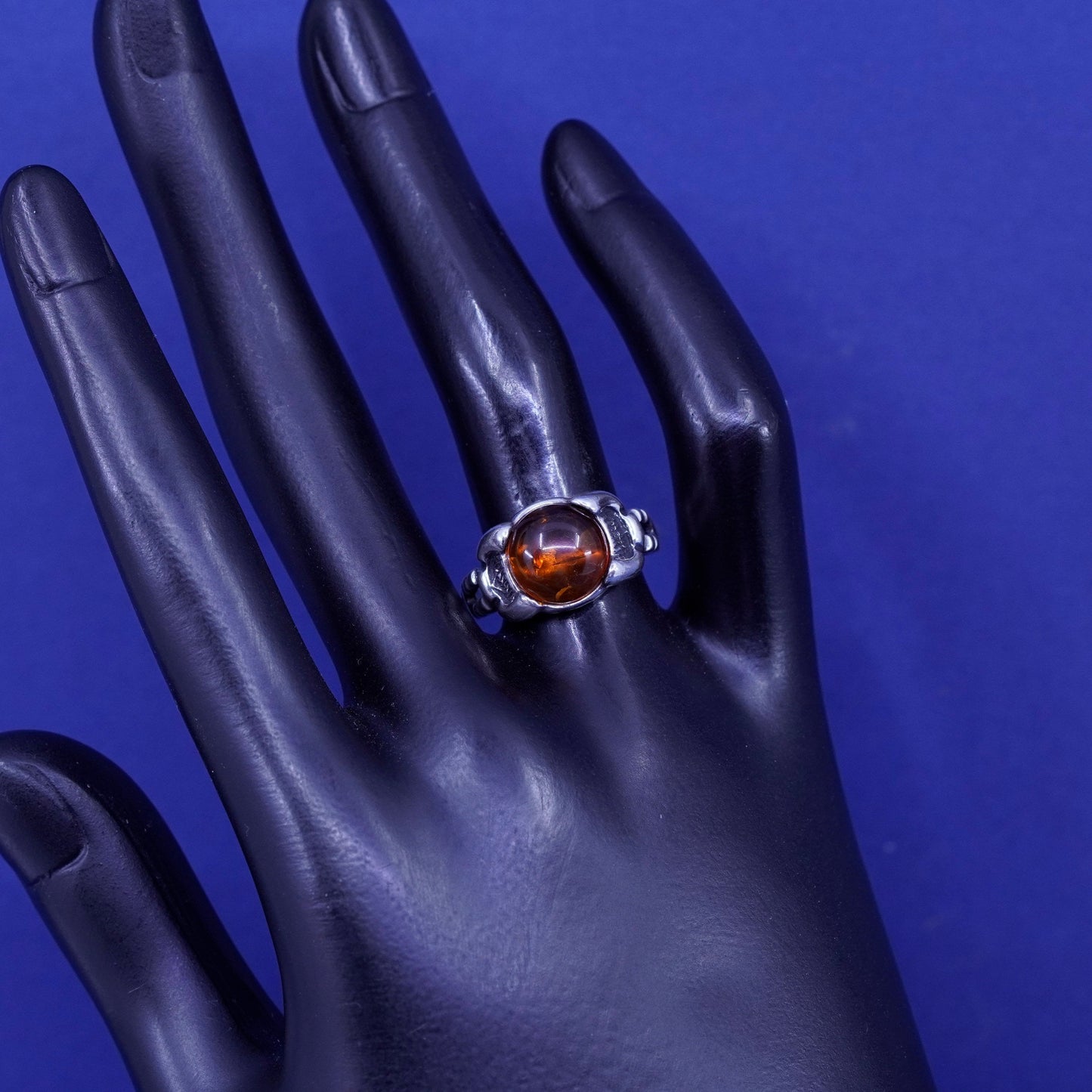 Size 7.5, vintage sterling 925 silver handmade ring with round Amber
