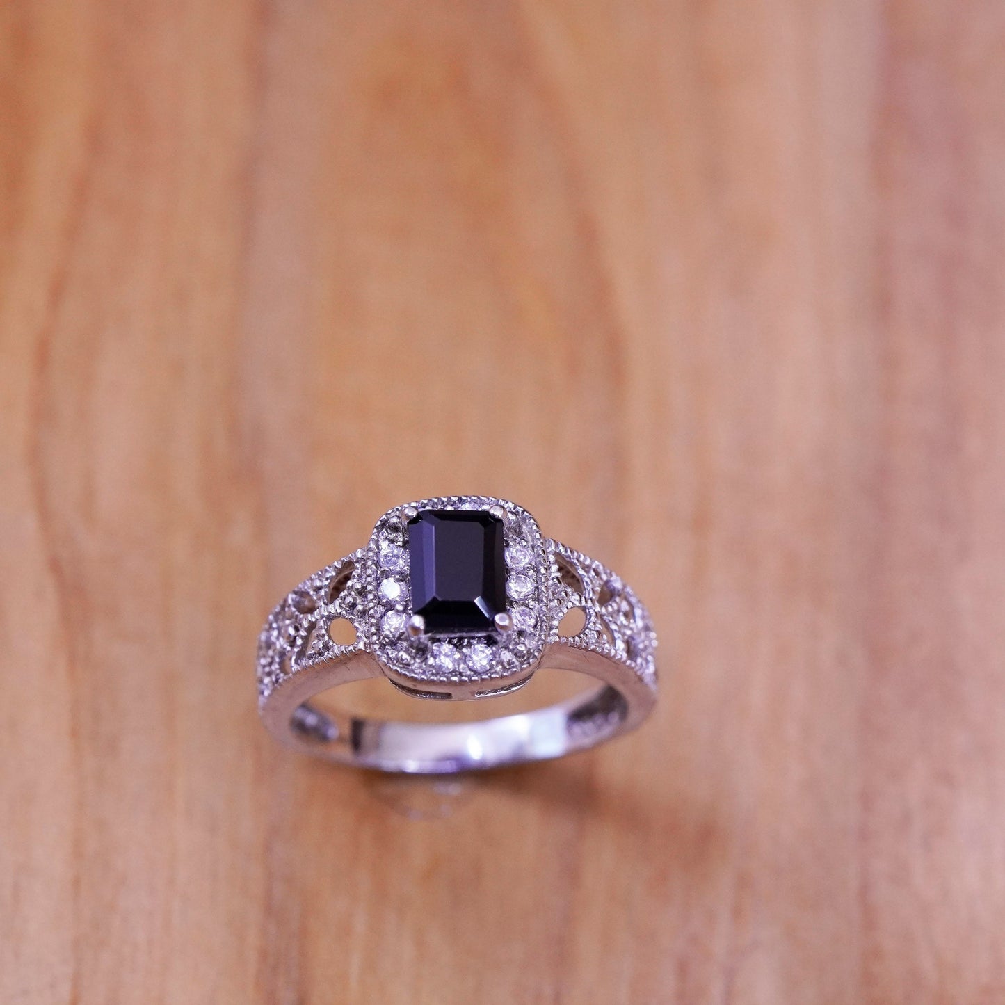 Size 8.5, Vintage Sterling silver handmade ring, Mexico 925 obsidian with cz