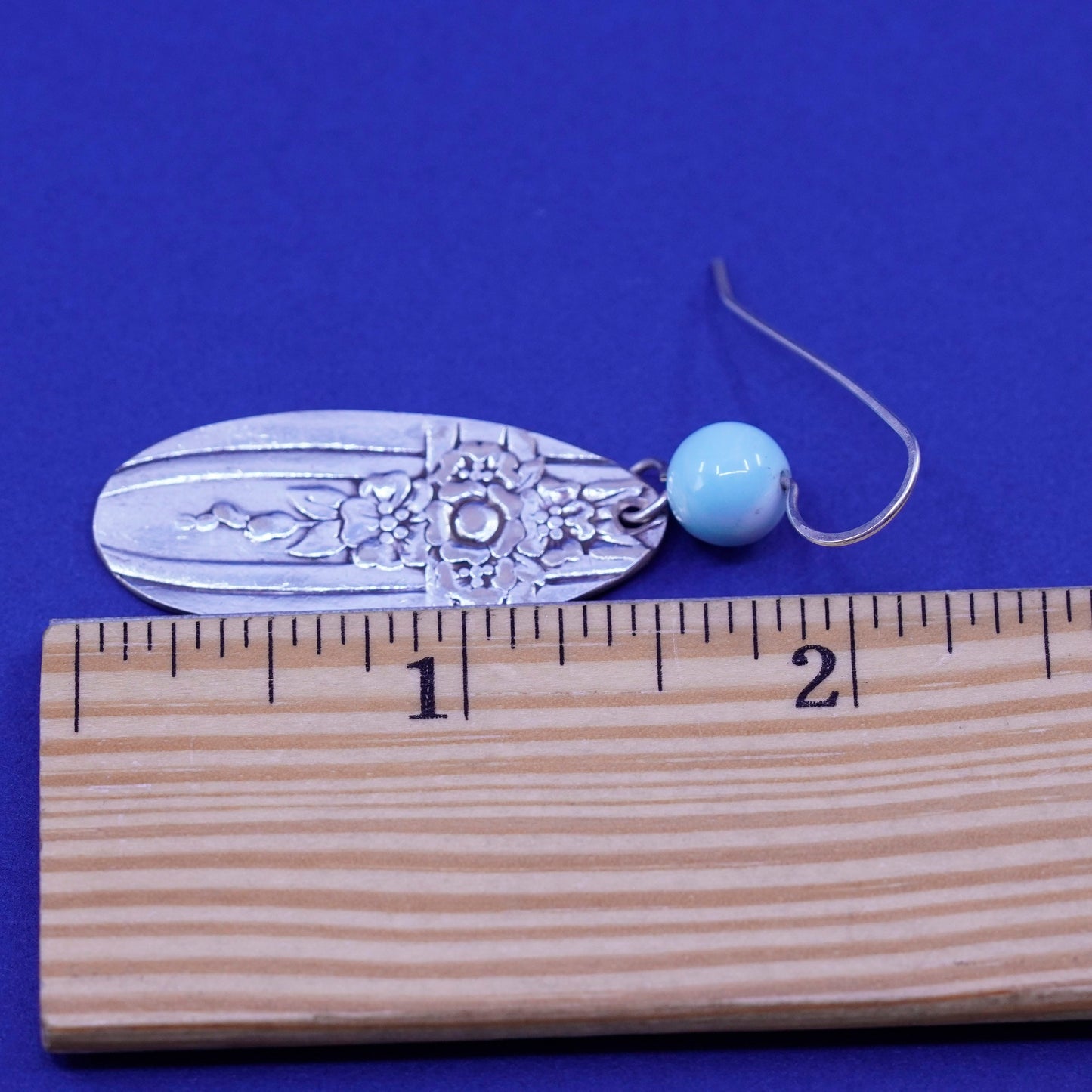 Vintage Sterling 925 silver handmade earrings with flatten spoon drops larimar