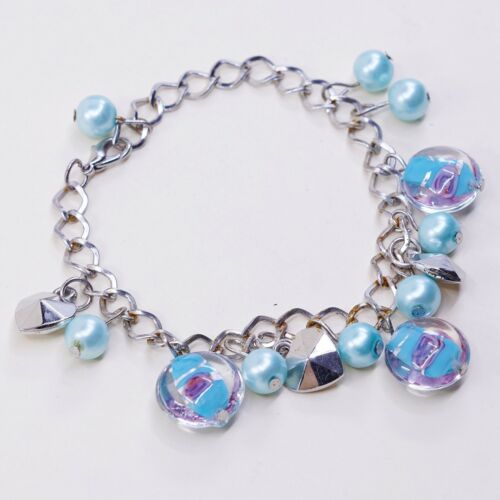 7.5”, Vtg Antique Silver Tone Handmade Bracelet W/ Blue Pear N Foiled Glass
