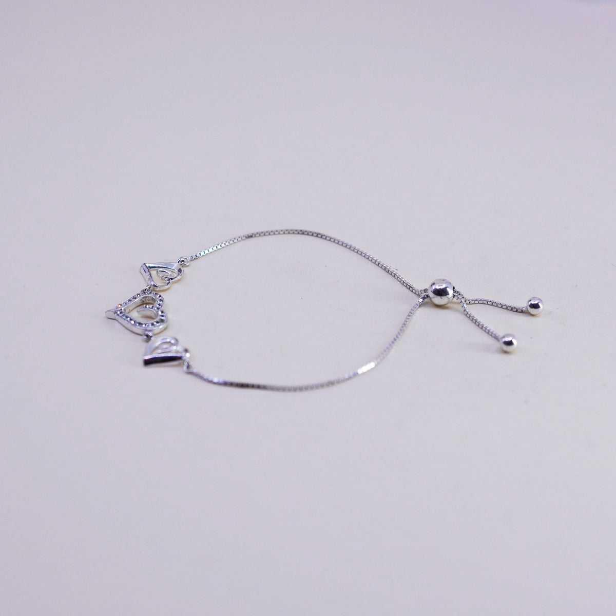 Size adjustable, sterling silver bracelet, fine 925 box chain heart and cz
