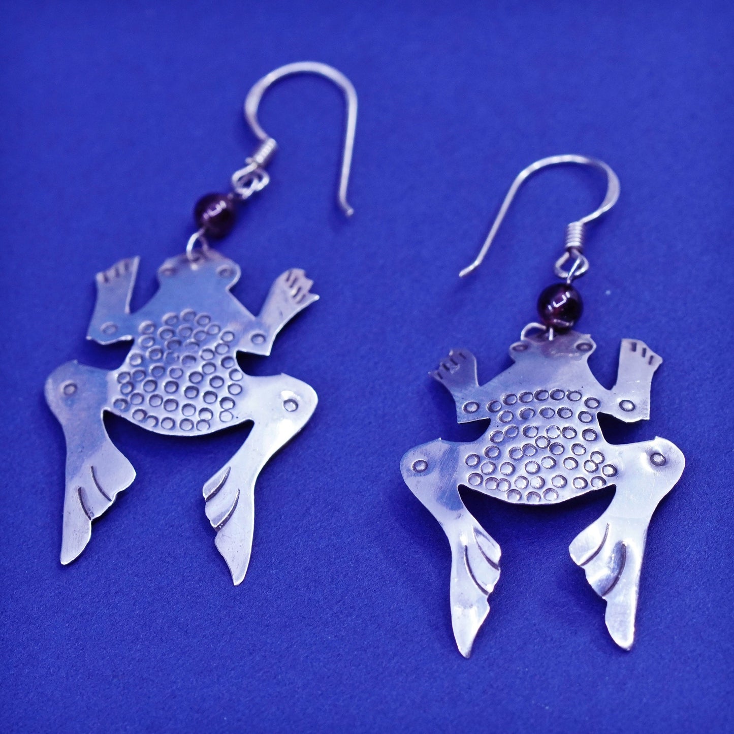 Vintage boma sterling 925 silver handmade frog earrings with garnet