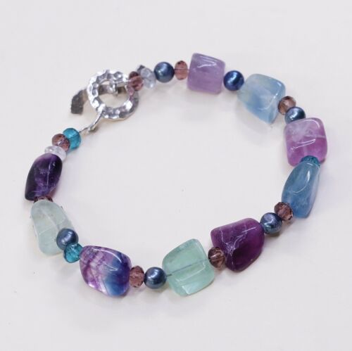 7.25”, Vtg Mexico Sterling 925 Silver Handmade Fluorite Nugget Bead Bracelet