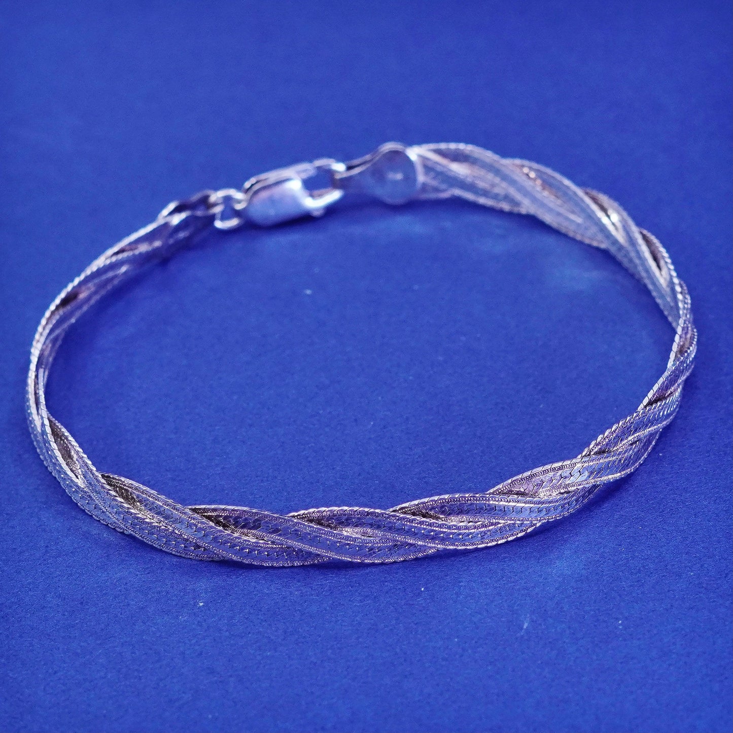7”, vintage Sterling silver bracelet, textured 925 herringbone woven chain
