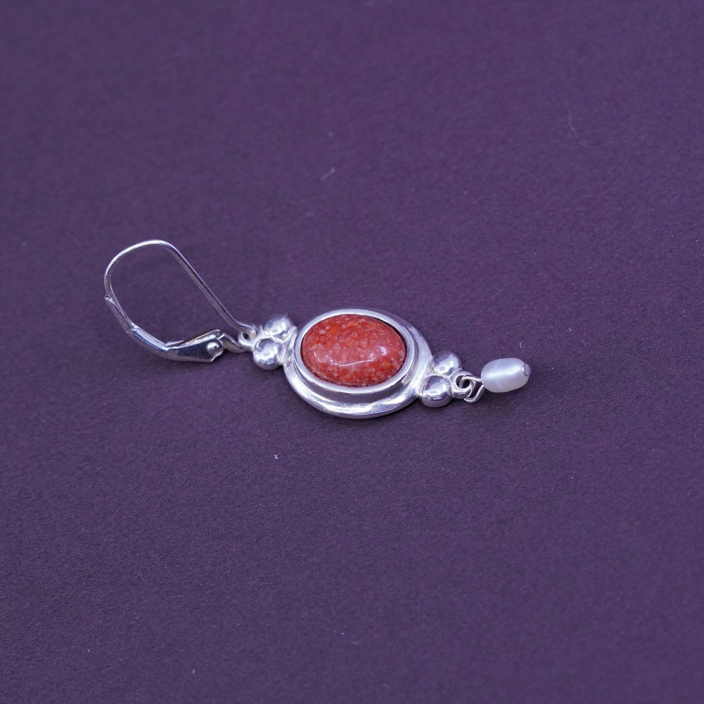 southwestern CCO Sterling 925 silver handmade earrings w/ oval coral and pearl