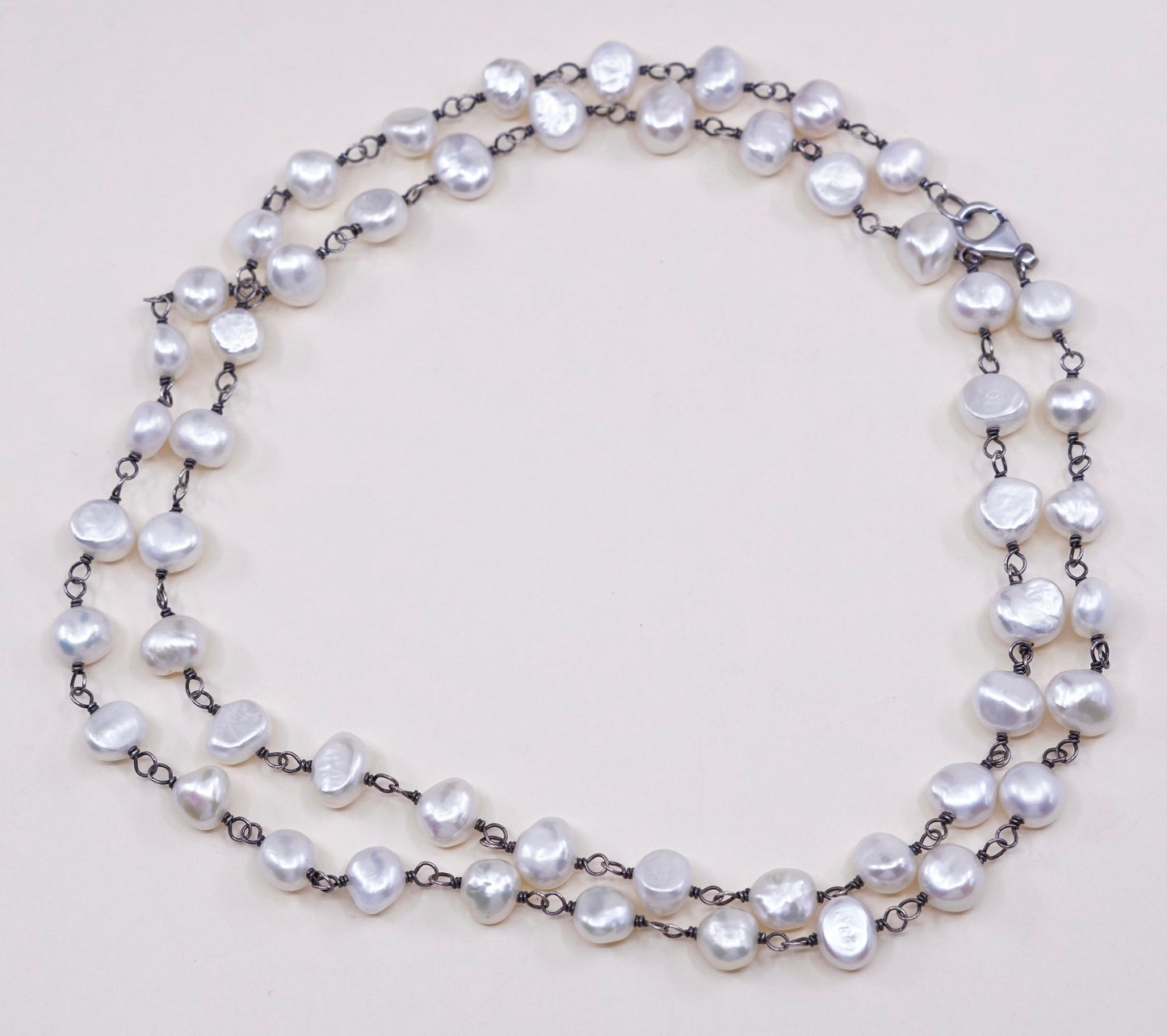 30”, Vintage handmade Sterling silver necklace with pearl beads details