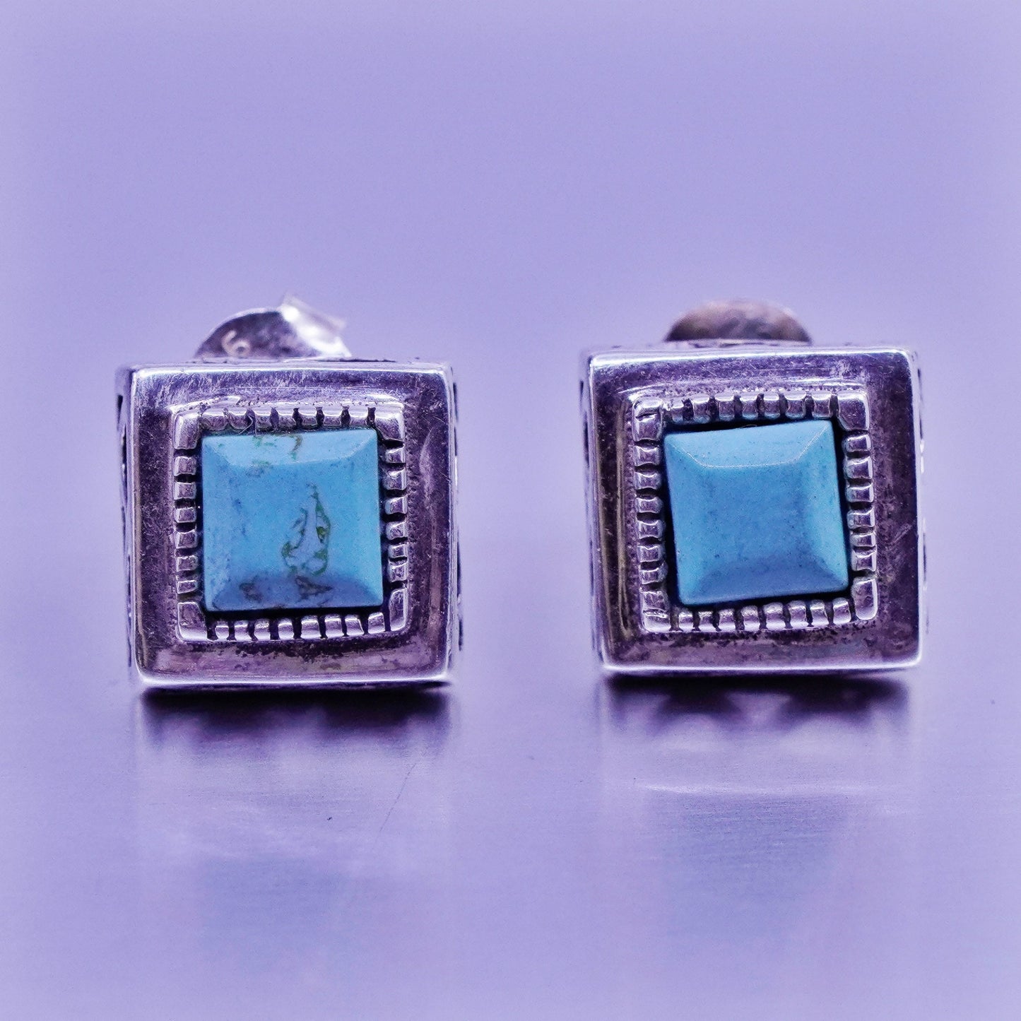 Vintage Sterling 925 silver handmade earrings, square studs with turquoise