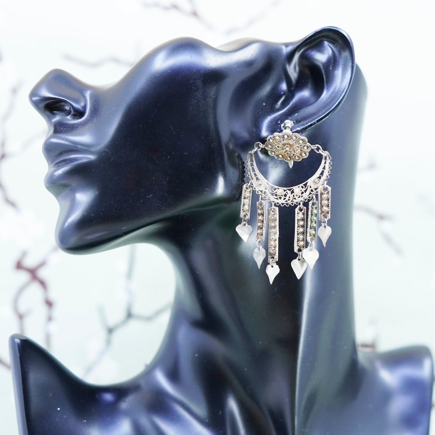 Vintage sterling silver 925 filigree fringe screw back earrings