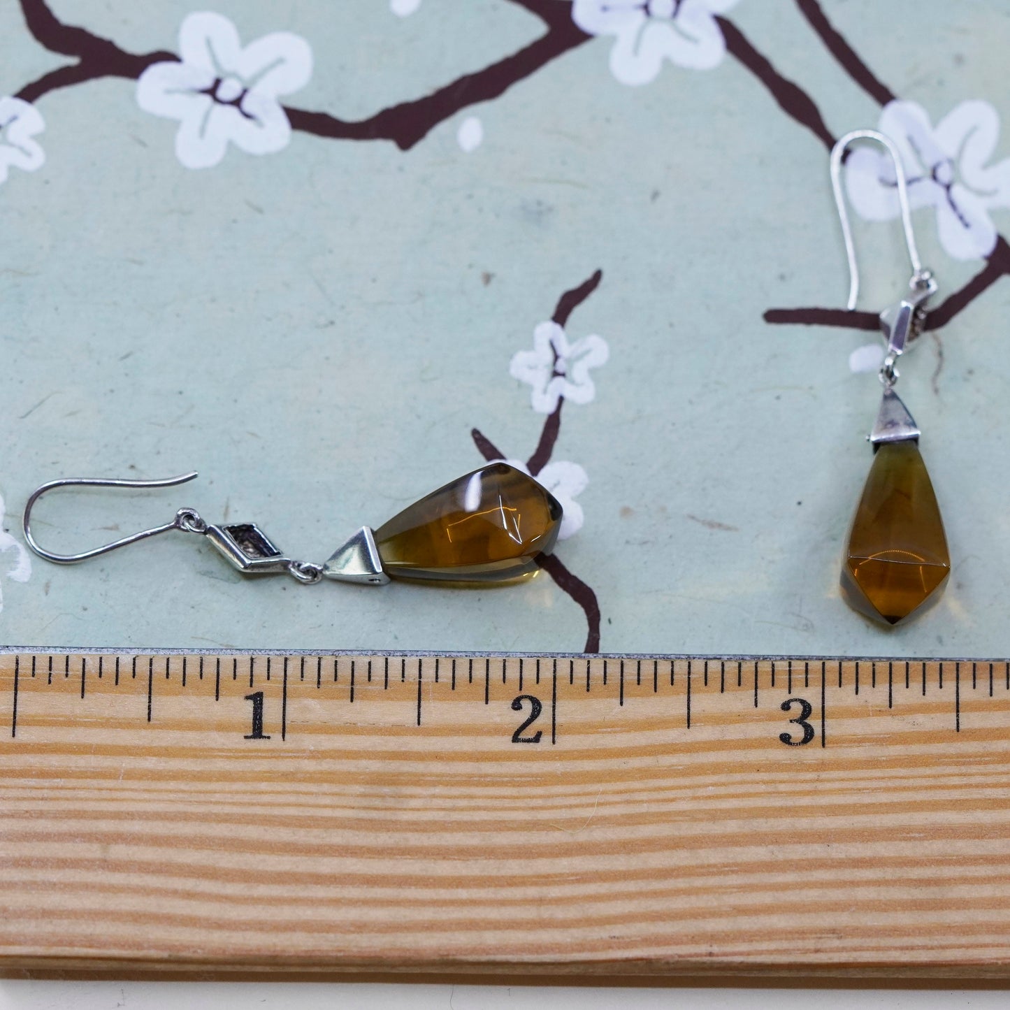 vtg Hong Kong sterling 925 silver handmade earrings with teardrop smoky quartz