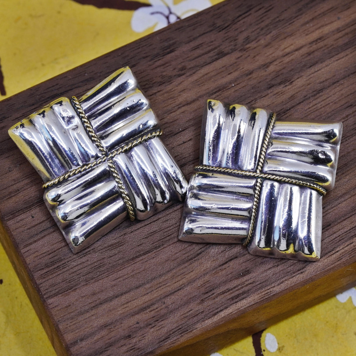 Mexico laton two tone Sterling silver handmade earrings, 925 ribbed clip on