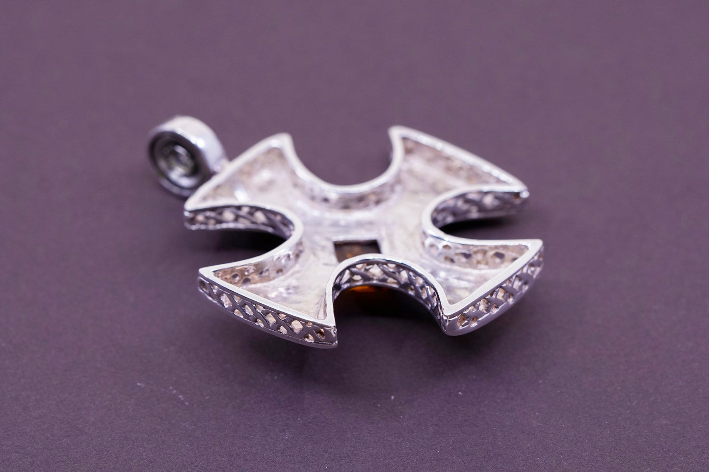 vtg ESPO Sterling silver pendant, 925 Jerusalem cross with filigree and amber