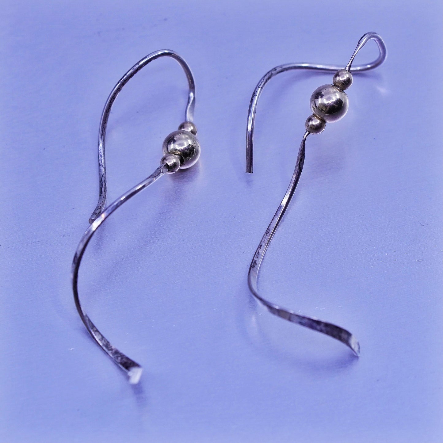 Vintage Sterling 925 silver handmade twisted earrings drop with 14K gold beads