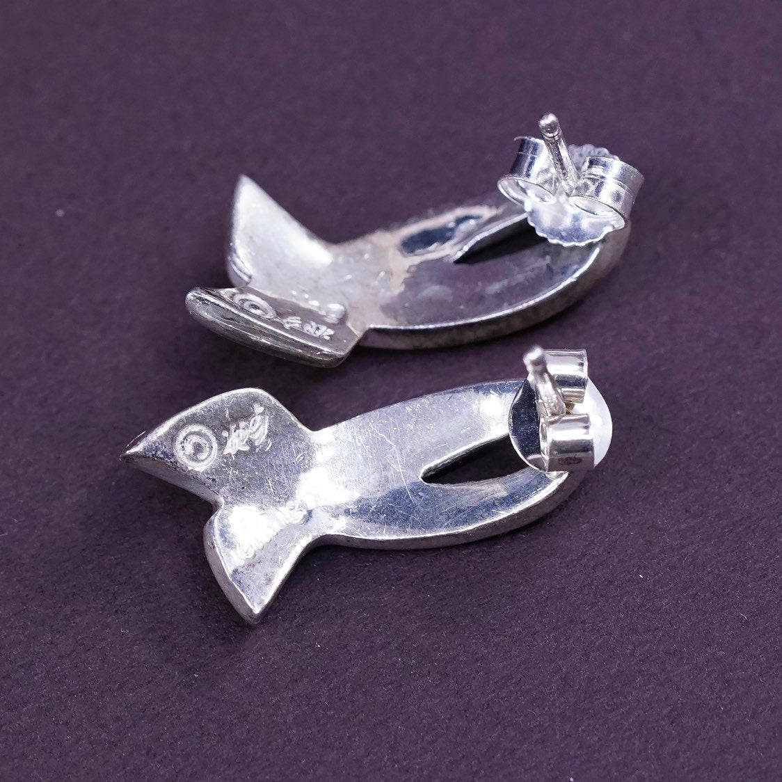 VTG EA Sterling silver handmade earrings, studs, 925 studs w/ fire opal