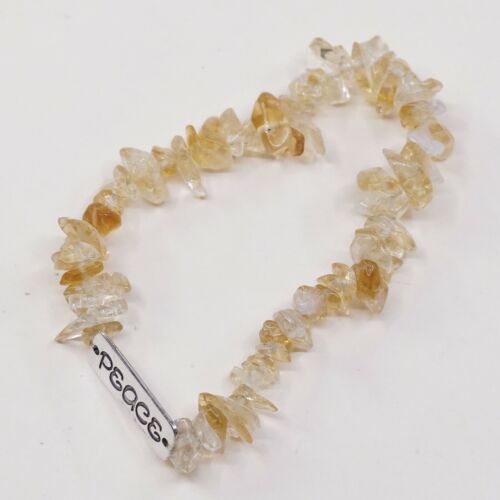 Vtg Elastic Bracelet W/ Sterling 925 Silver Tag Engraved Peace N Citrine Beads