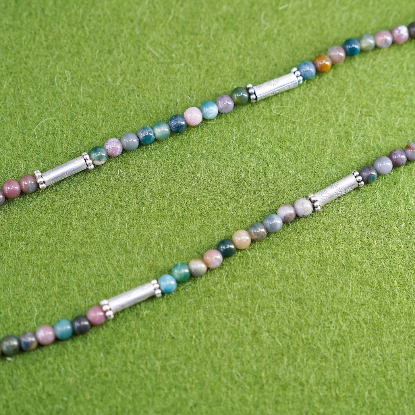 14+3”, vintage sterling 925 silver handmade necklace agate crystal jade beads
