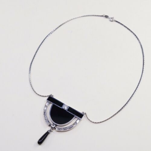18”, Vtg 1970s UNID Modern Sterling 925 Silver Necklace W/ Obsidian Pendant