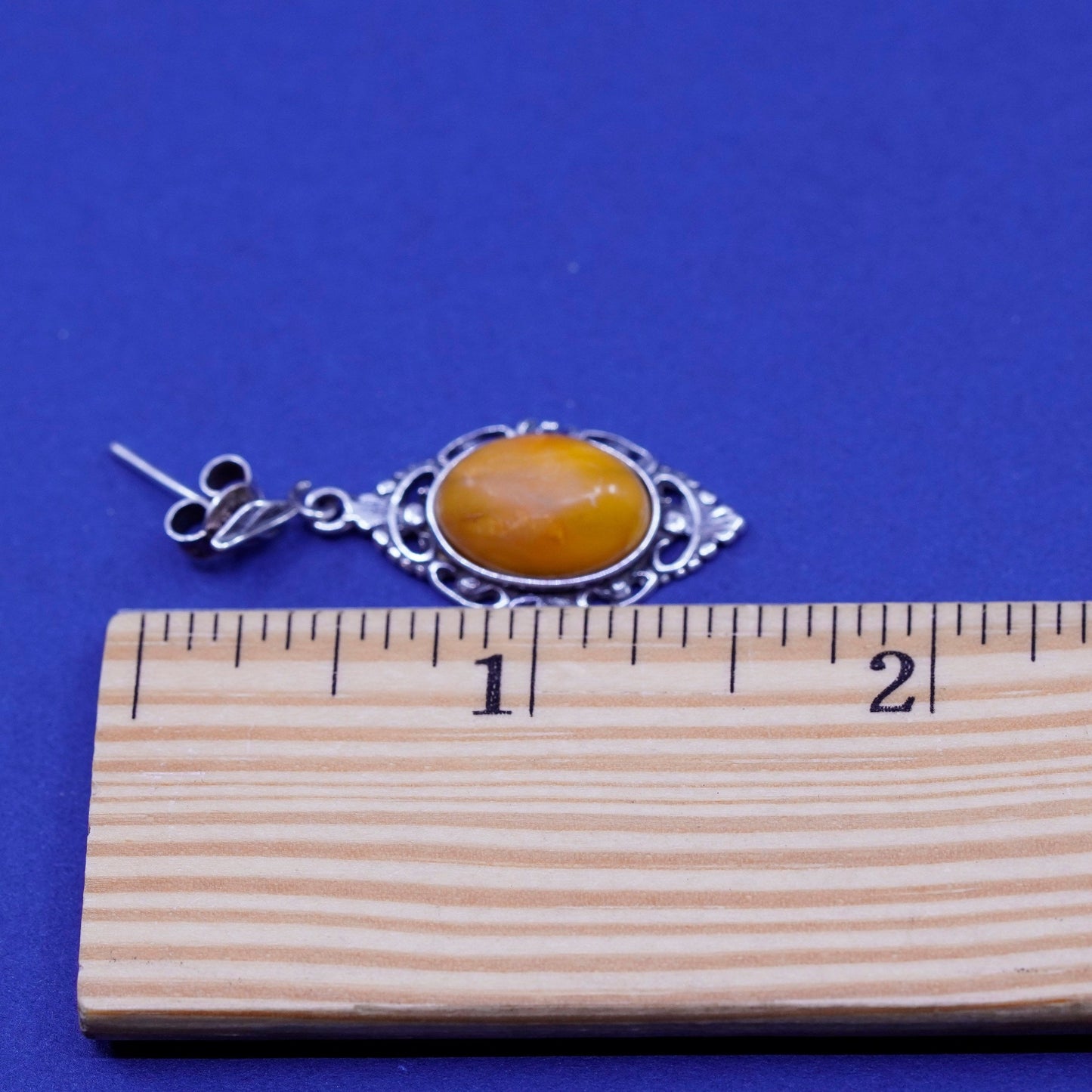 Vintage sterling 925 silver handmade filigree earrings with oval amber