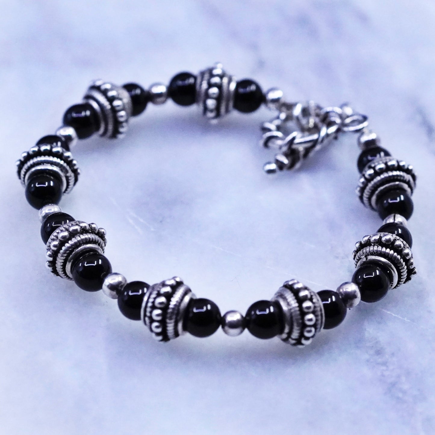 6.5”, vintage sterling 925 silver handmade Bali bracelet with obsidian beads