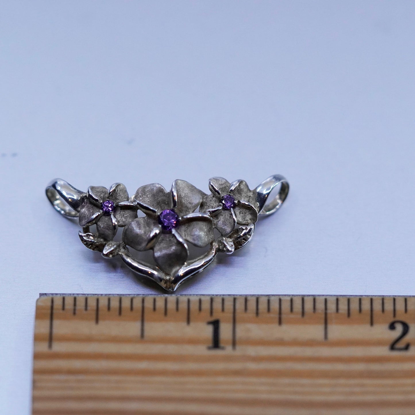 Vintage sterling 925 silver plumeria flower slide pendant with amethyst