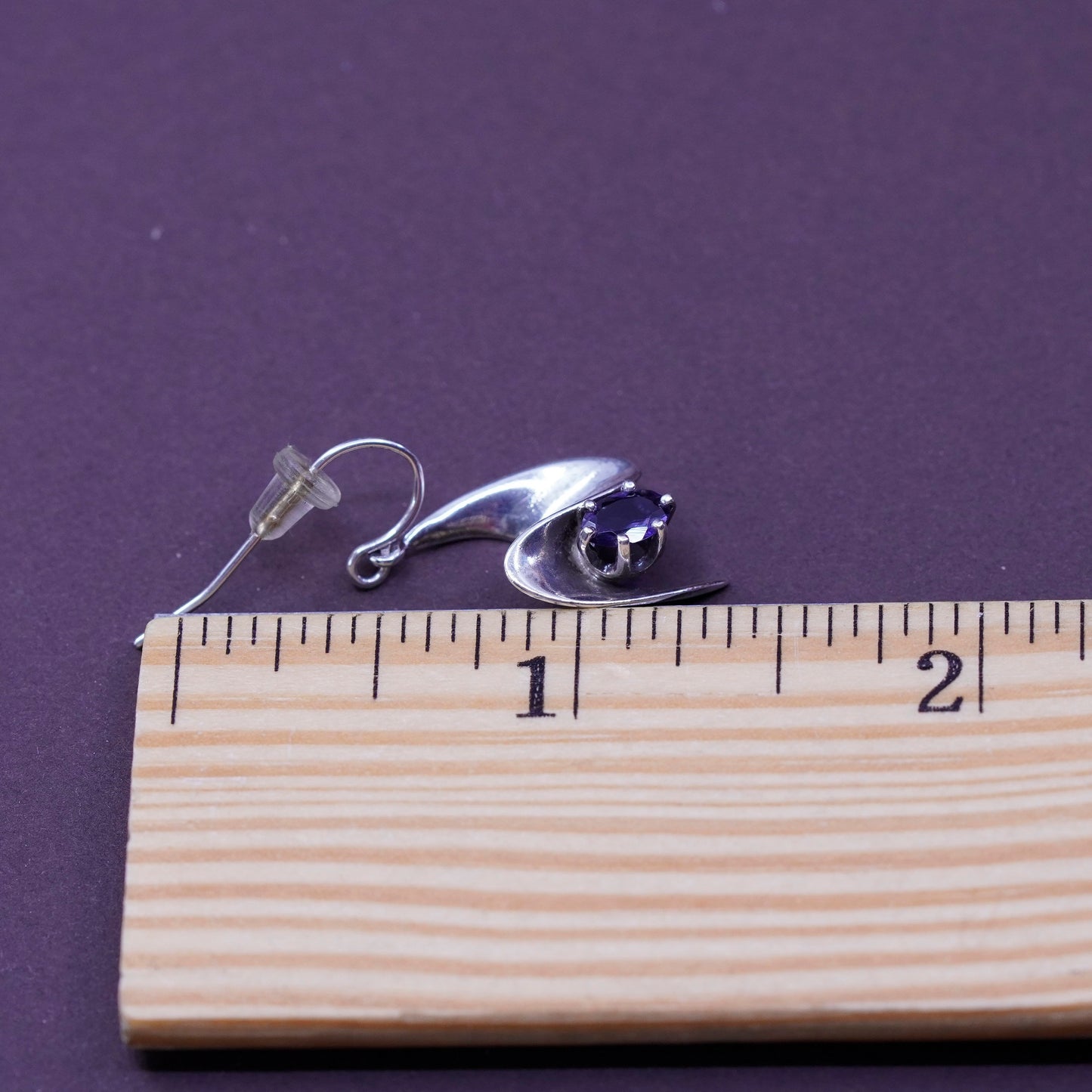 Vintage modern Sterling 925 silver handmade wavy earrings with amethyst