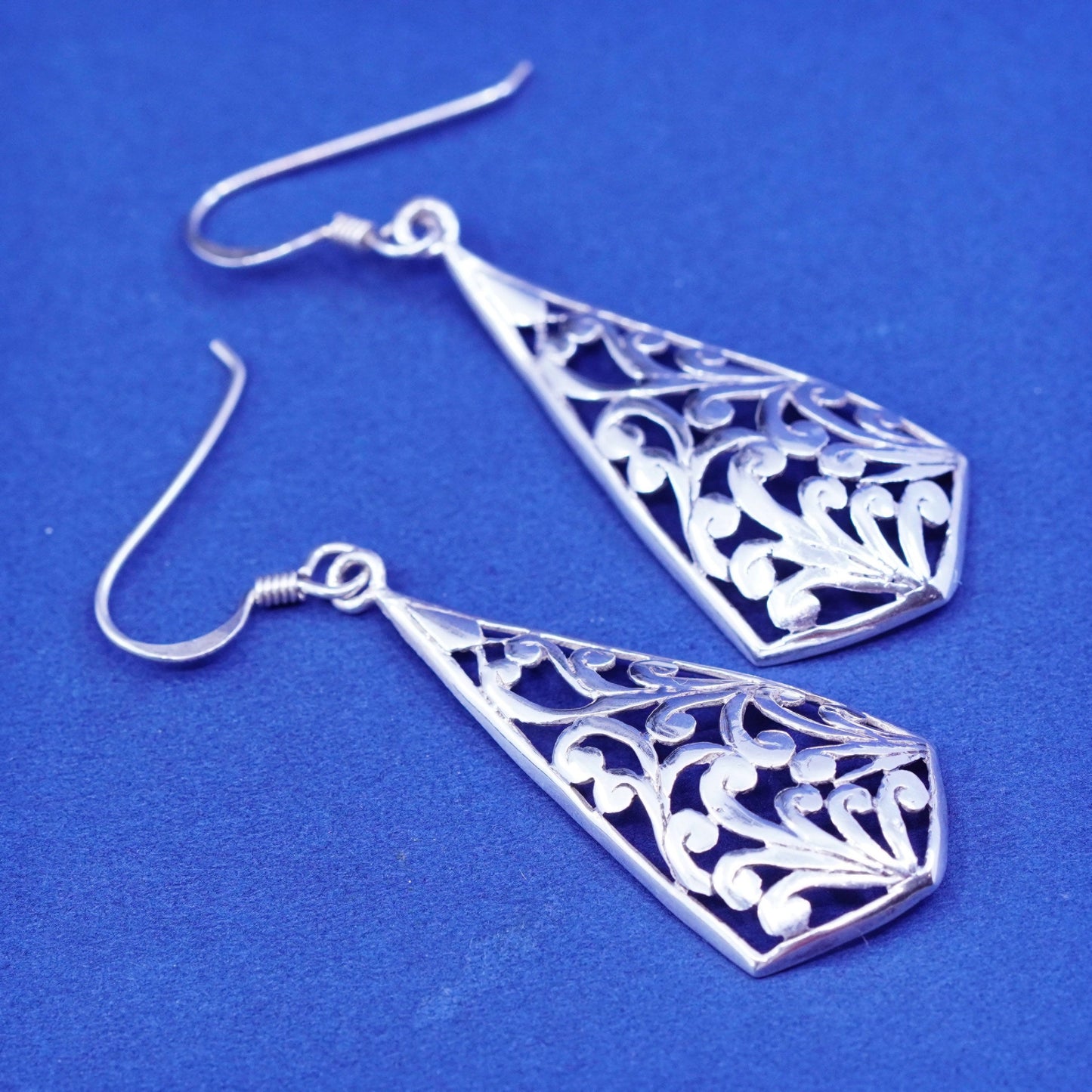 Vintage sterling silver handmade earrings, 925 filigree teardrop drop