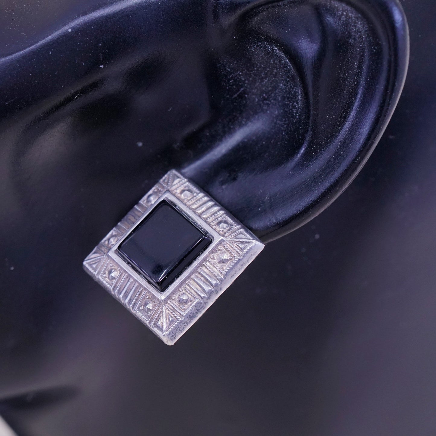 Vintage Sterling silver handmade earrings, Modern 925 stud with square obsidian