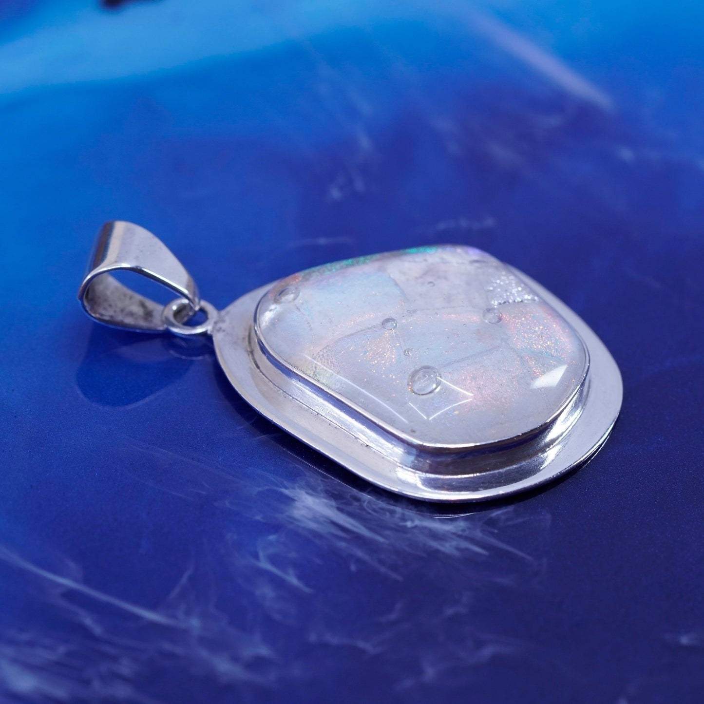 Vintage Mexico sterling 925 silver handmade pendant with white dichroic glass