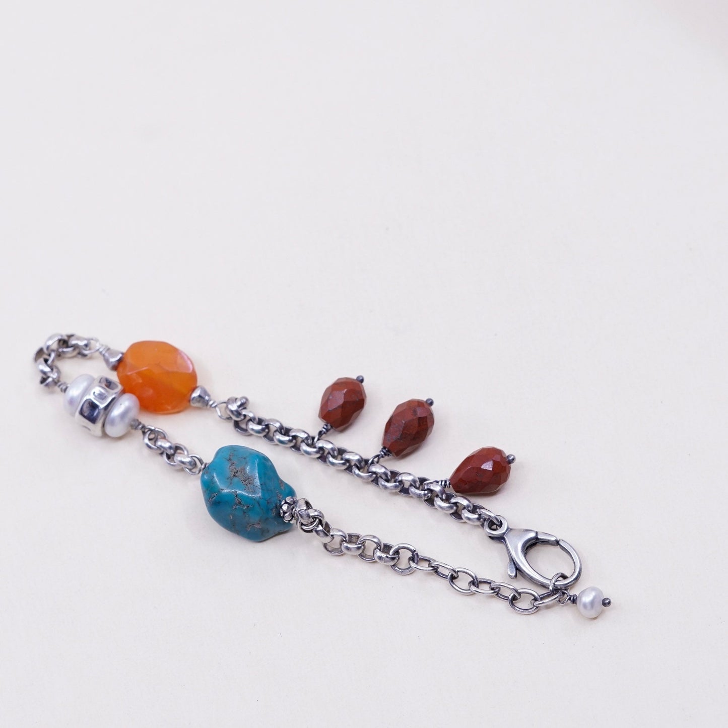 7.5”, Sterling 925 silver circle chain bracelet w/ turquoise carnelian N pearl
