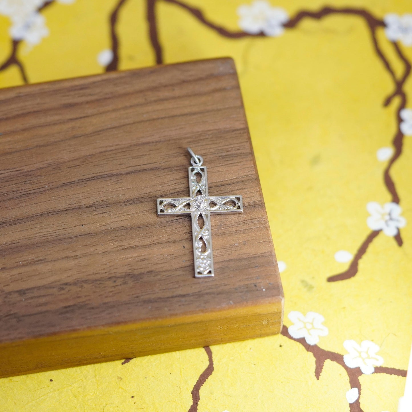 Vintage Sterling silver handmade pendant, filigree 925 cross charm with diamond