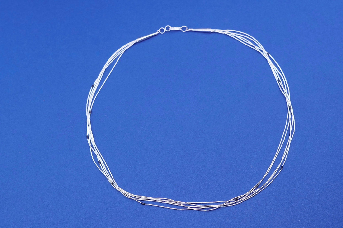 16”, liquid Sterling 925 silver 5 strands necklace, Native American w/ obsidian