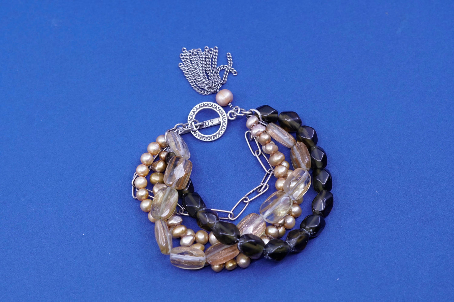 6.5”, Silpada Sterling 925 Silver Bracelet Smoky Quartz Pearls Sunstone
