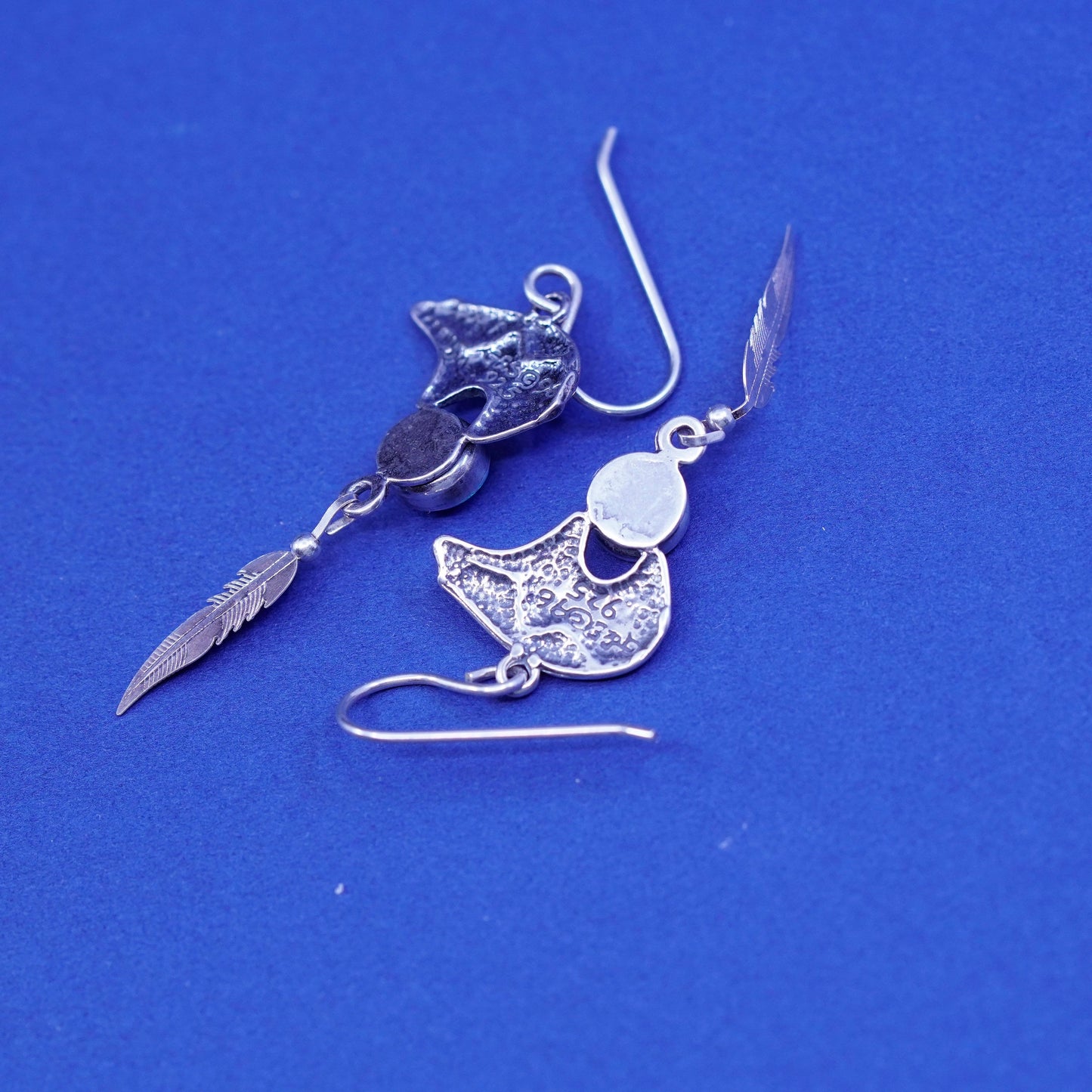 Navajo Glenn Irene sterling 925 silver handmade bear with opal feather dangles