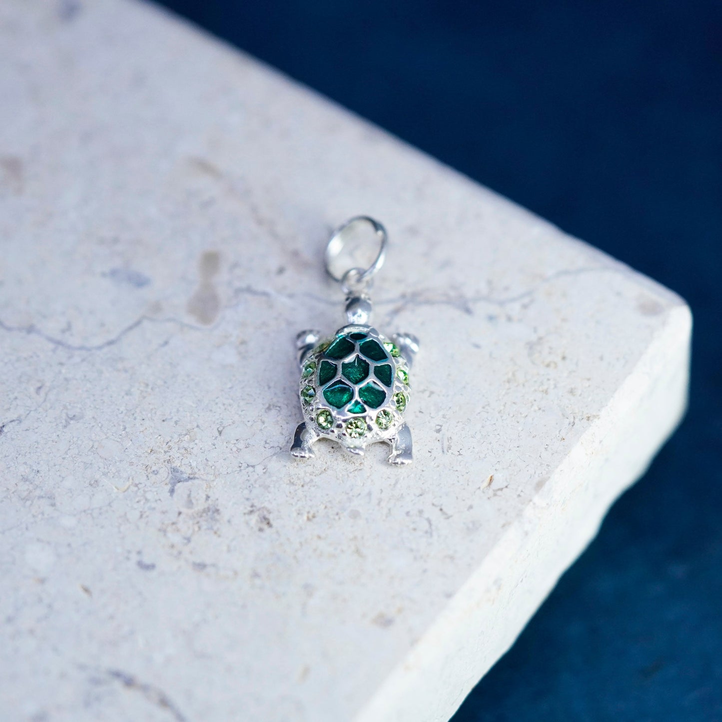 Vintage Sterling silver handmade pendant, 925 green enamel turtle charm