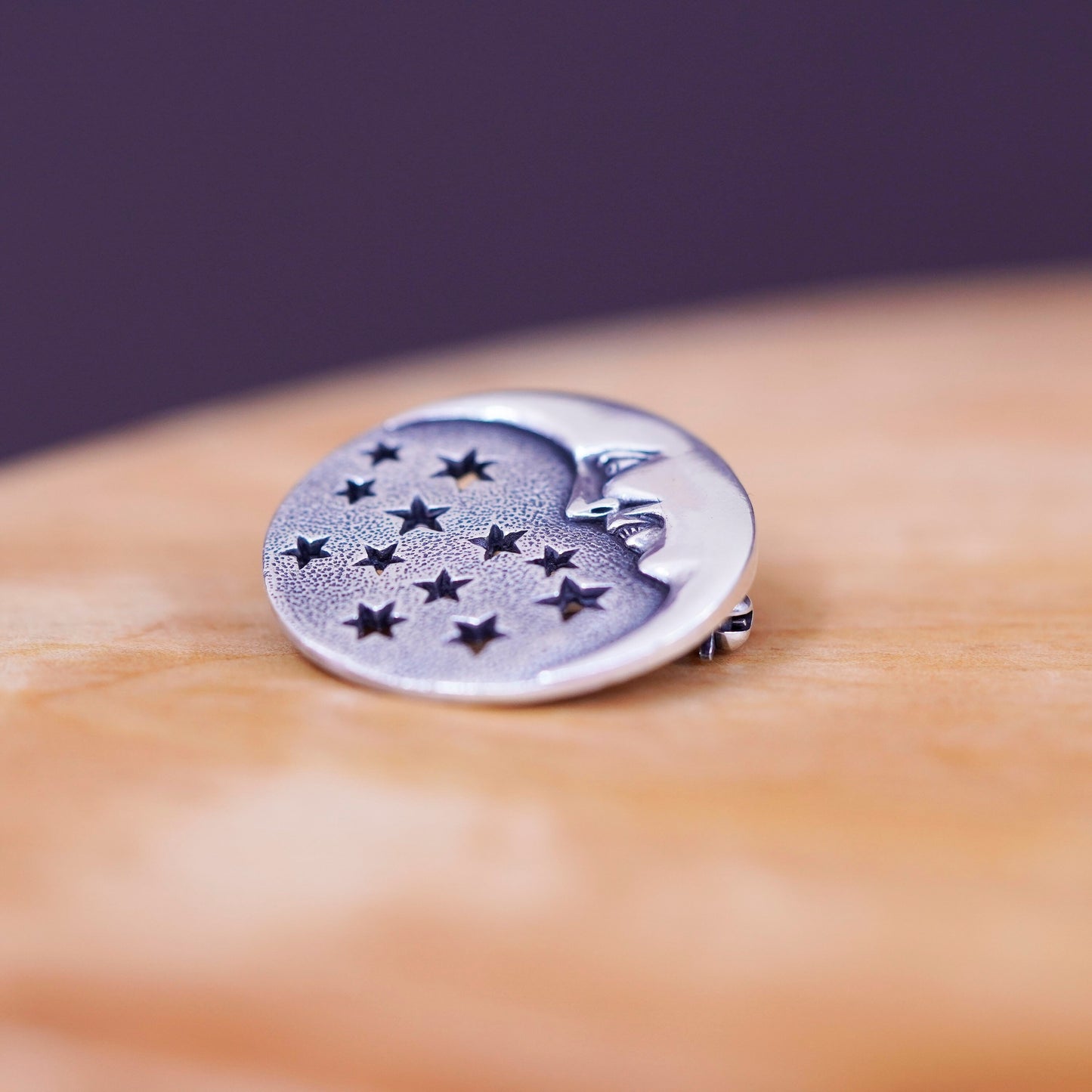 Vintage handmade sterling 925 silver moon face brooch with stars