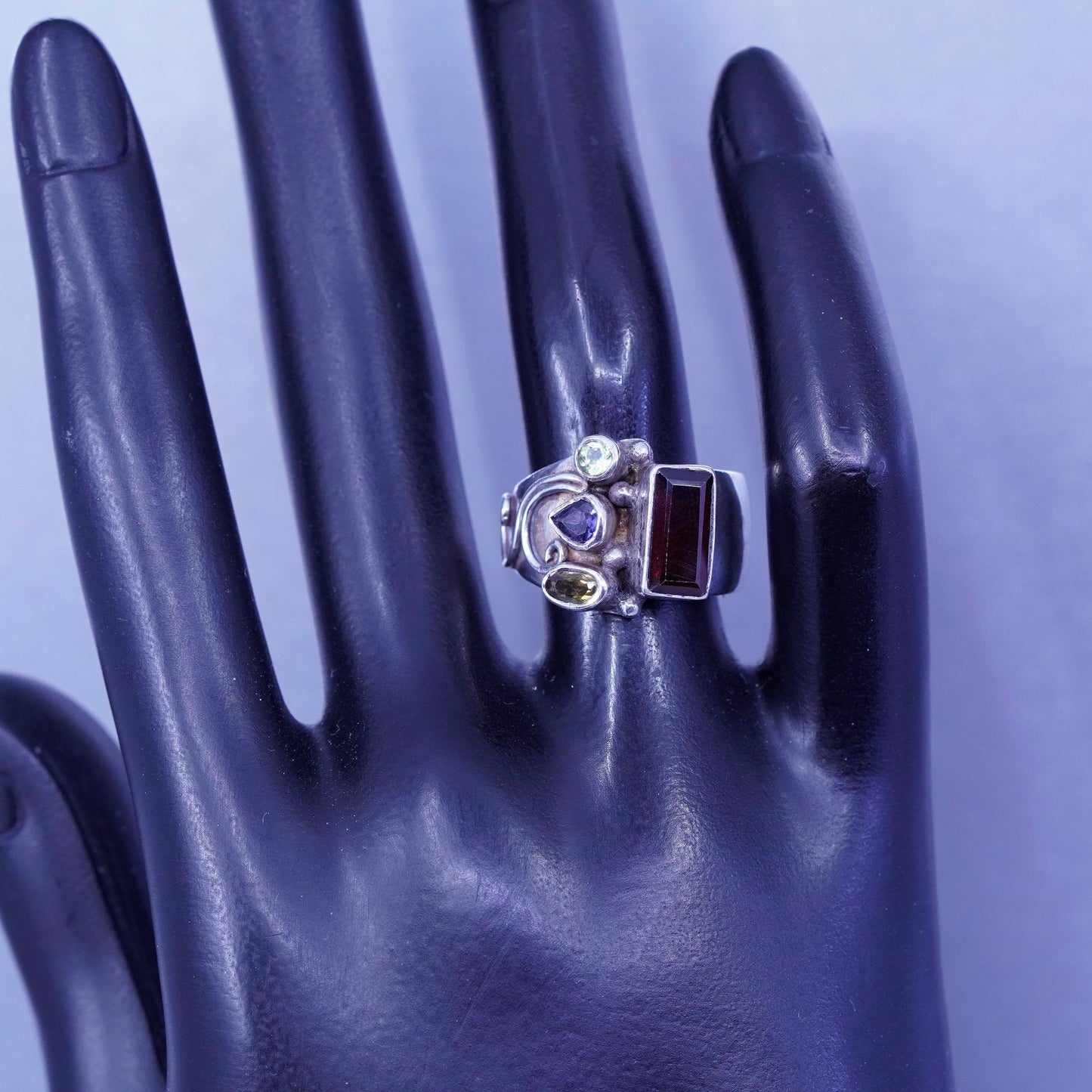 Size 5.75, vintage Sterling 925 silver handmade wide ring citrine ruby peridot