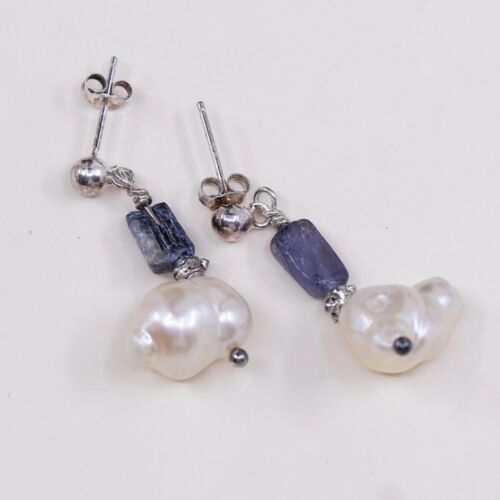 Vintage Southwestern handmade Sterling Silver Pearl Earrings w/ Agate Beads