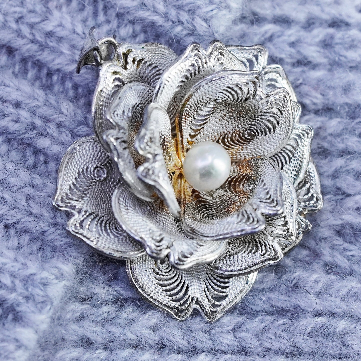 antique sterling 925 silver filigree rose flower pendant charm with pearl