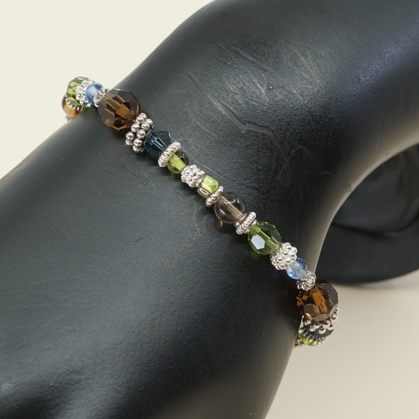 6.75", vtg Sterling silver handmade bracelet, 925 beads n green Swarovski