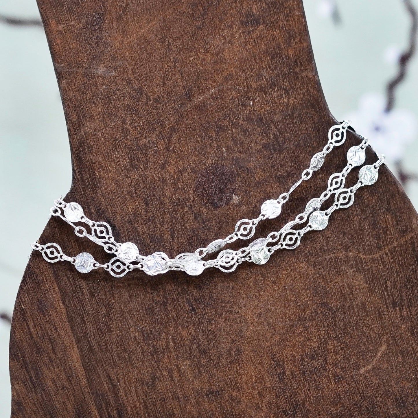 7”, Vintage multi strands sterling silver flatten circle bracelet, 925 chain