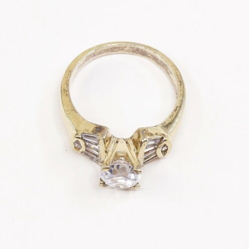Sz 9, Gold Over Sterling Ring, 925 Engagement Ring W/ Crystal, Stamped 925