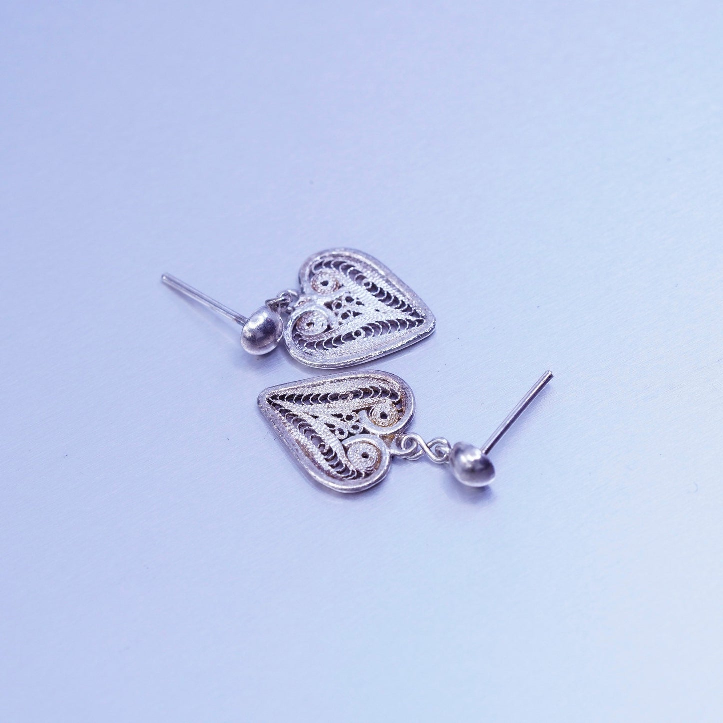 Vintage Sterling 925 silver handmade filigree heart earrings