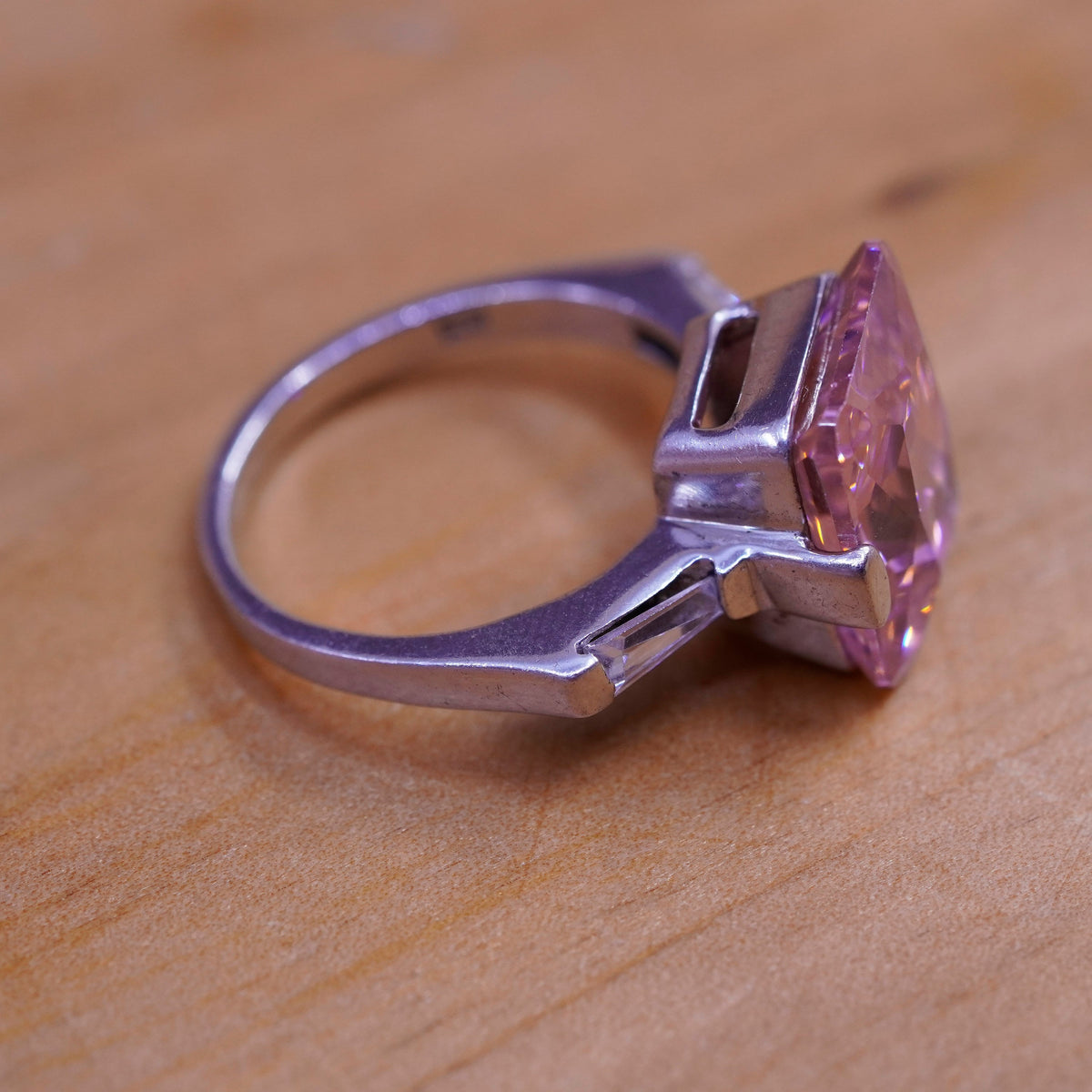 Size 4.75, vintage Sterling silver handmade ring, 925 band with pink Cz stone