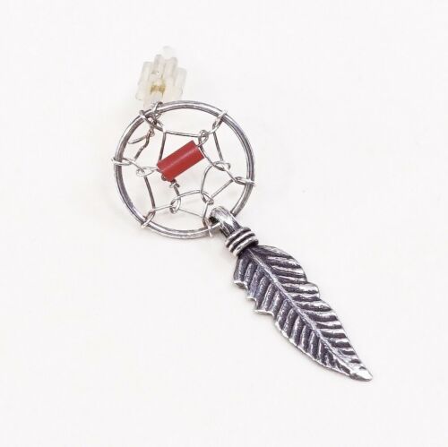 Vtg Southwestern Sterling 925 Silver Handmade Net Earrings W/ Coral N Feather