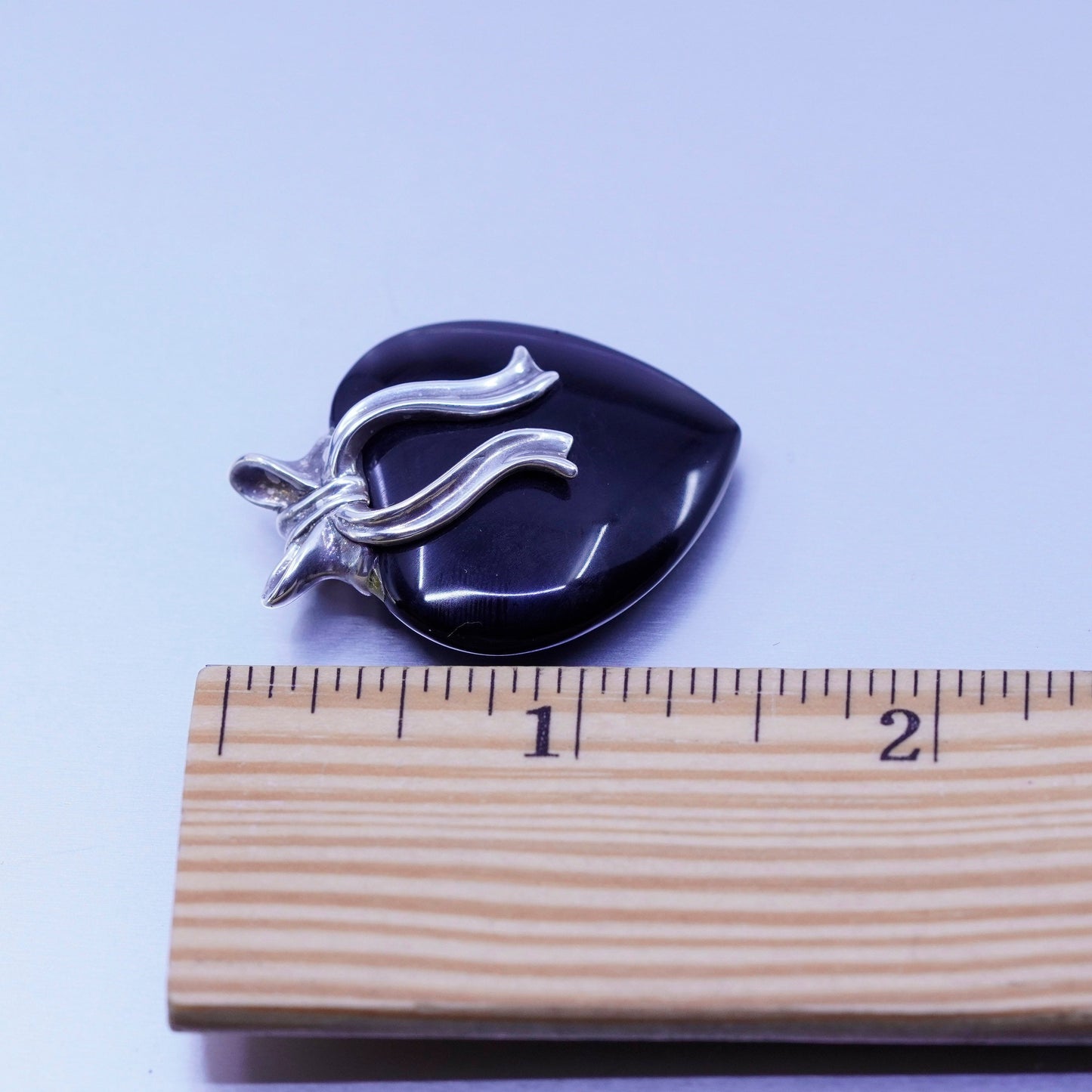 antique sterling 925 silver obsidian heart pendant with ribbon bow tie
